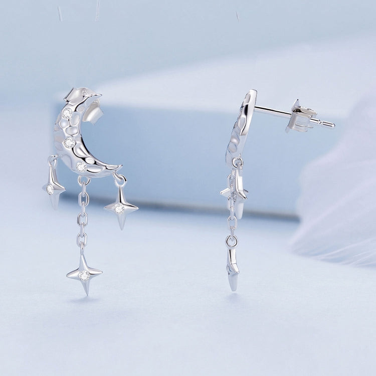 BSE858 Sterling Silver S925 White Gold Plated Zircon Moon Tassel Stud Earrings, BSE858