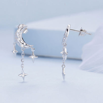 BSE858 Sterling Silver S925 White Gold Plated Zircon Moon Tassel Stud Earrings, BSE858