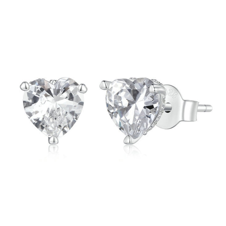 BSE853 Sterling Silver S925 White Gold Plated Sparkling Heart Stud Earrings, BSE853