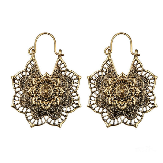 Vintage Ethnic Style Metal Openwork Flower Flower Earrings Bohemian Carved Earrings