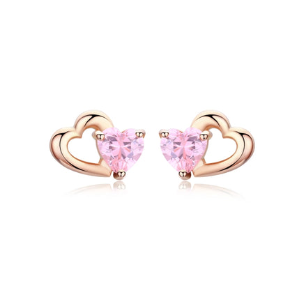 Sterling Silver Earrings Heart-shaped Rose Gold-plated Zircon Earrings, SCE090-C