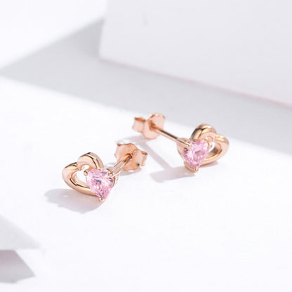 Sterling Silver Earrings Heart-shaped Rose Gold-plated Zircon Earrings, SCE090-C