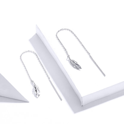 Feather Ear Line Sterling Silver Long Earrings Platinum Plated Simple Girl Earrings, SCE786