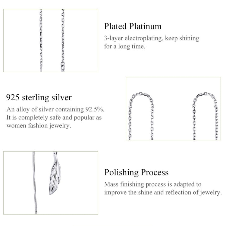 Feather Ear Line Sterling Silver Long Earrings Platinum Plated Simple Girl Earrings, SCE786