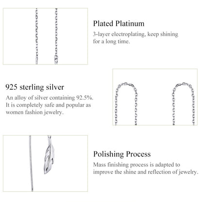 Feather Ear Line Sterling Silver Long Earrings Platinum Plated Simple Girl Earrings, SCE786