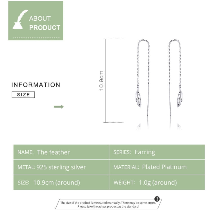 Feather Ear Line Sterling Silver Long Earrings Platinum Plated Simple Girl Earrings, SCE786