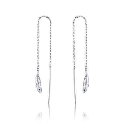 Feather Ear Line Sterling Silver Long Earrings Platinum Plated Simple Girl Earrings, SCE786