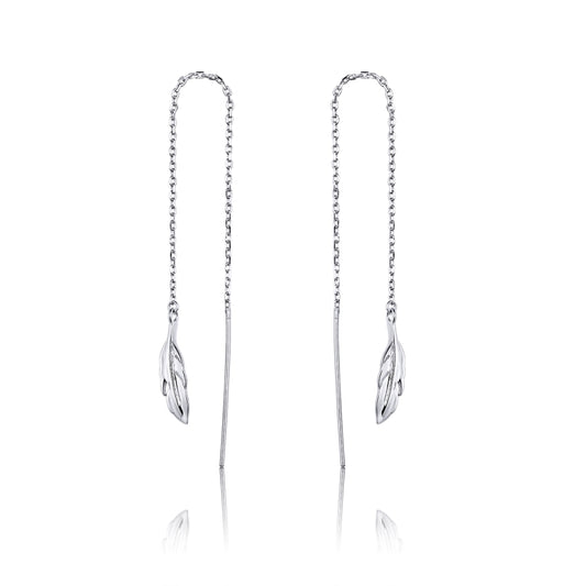 Feather Ear Line Sterling Silver Long Earrings Platinum Plated Simple Girl Earrings, SCE786