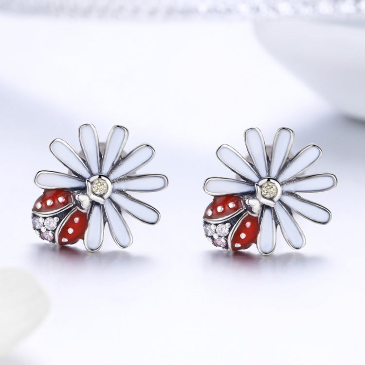 Sterling Silver Ladybug Flower Earrings Drop Oil Diamond Earrings Female Earrings, SCE459