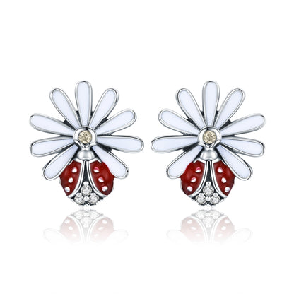 Sterling Silver Ladybug Flower Earrings Drop Oil Diamond Earrings Female Earrings, SCE459