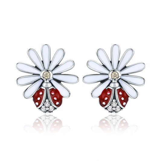 Sterling Silver Ladybug Flower Earrings Drop Oil Diamond Earrings Female Earrings, SCE459