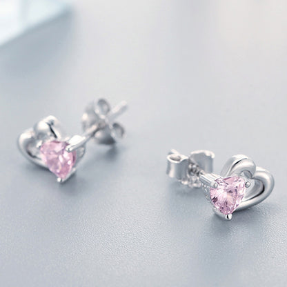 Heart-shaped S925 Sterling Silver Earrings with Gemstones, SCE090