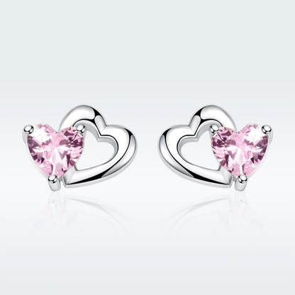 Heart-shaped S925 Sterling Silver Earrings with Gemstones, SCE090