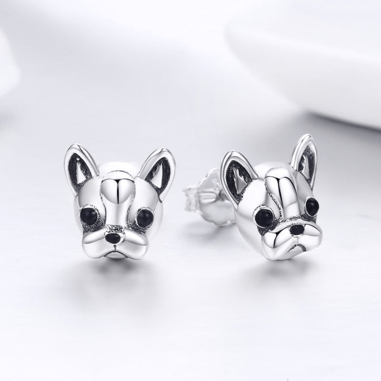 S925 Sterling Silver Animal Earrings Bulldog Plain Silver Earrings, SCE283