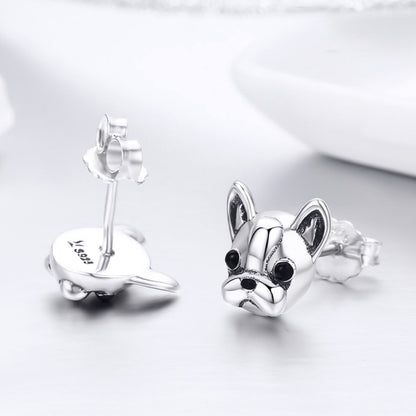 S925 Sterling Silver Animal Earrings Bulldog Plain Silver Earrings, SCE283