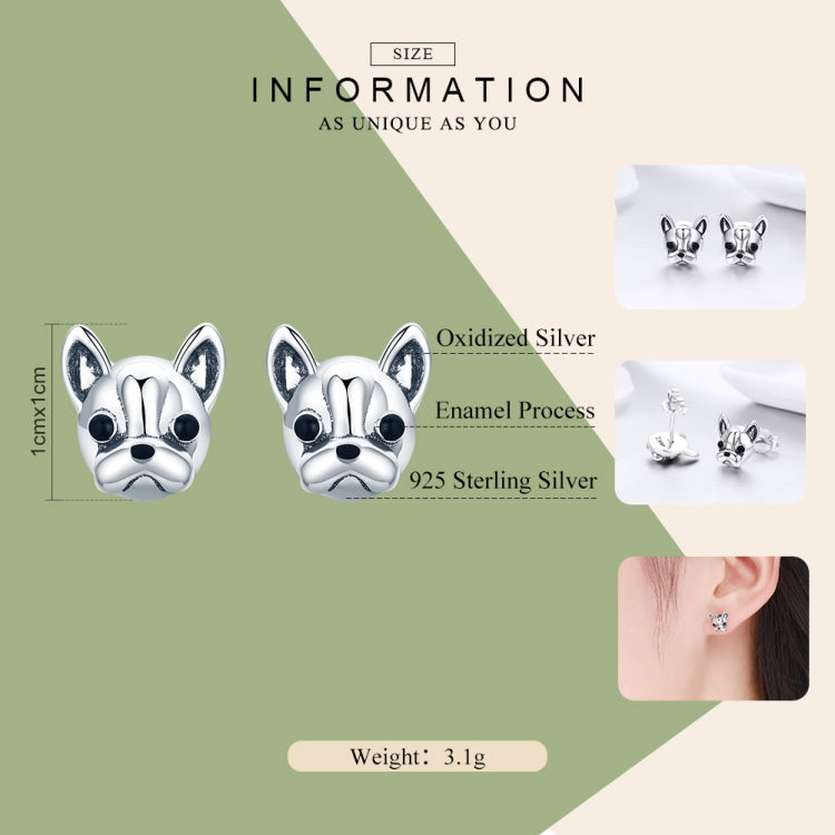 S925 Sterling Silver Animal Earrings Bulldog Plain Silver Earrings, SCE283