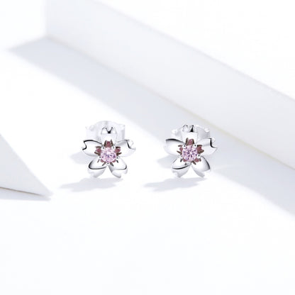 Sterling Silver Flower Earrings S925 Temperament Simple Zircon Earrings, SCE784