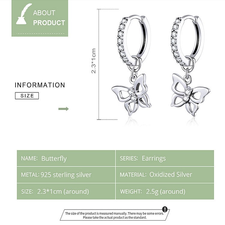 Butterfly S925 Sterling Silver Earrings Hollow Zircon Earrings, SCE833