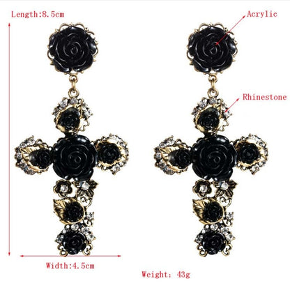 1 Pair Baroque Rose Flower Cross Long Earrings Vintage Earrings