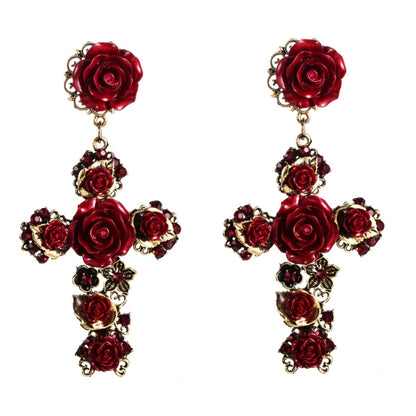 1 Pair Baroque Rose Flower Cross Long Earrings Vintage Earrings