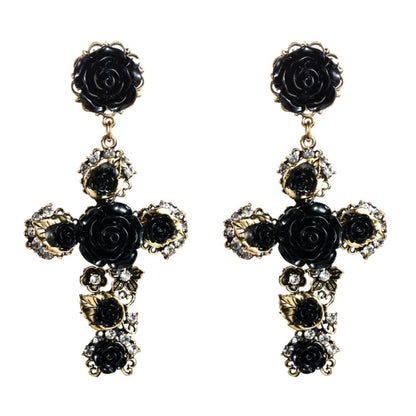 1 Pair Baroque Rose Flower Cross Long Earrings Vintage Earrings