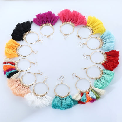 Tassel Earrings for Women Ethnic Big Drop Earrings Bohemia Fashion Jewelry Trendy Cotton Rope Fringe Long Dangle Earrings, Colorful, White, Wine red, Black, Yellow, Beige, Red, Sky blue, Blue, Green, Red color, Royal blue, Light Pink