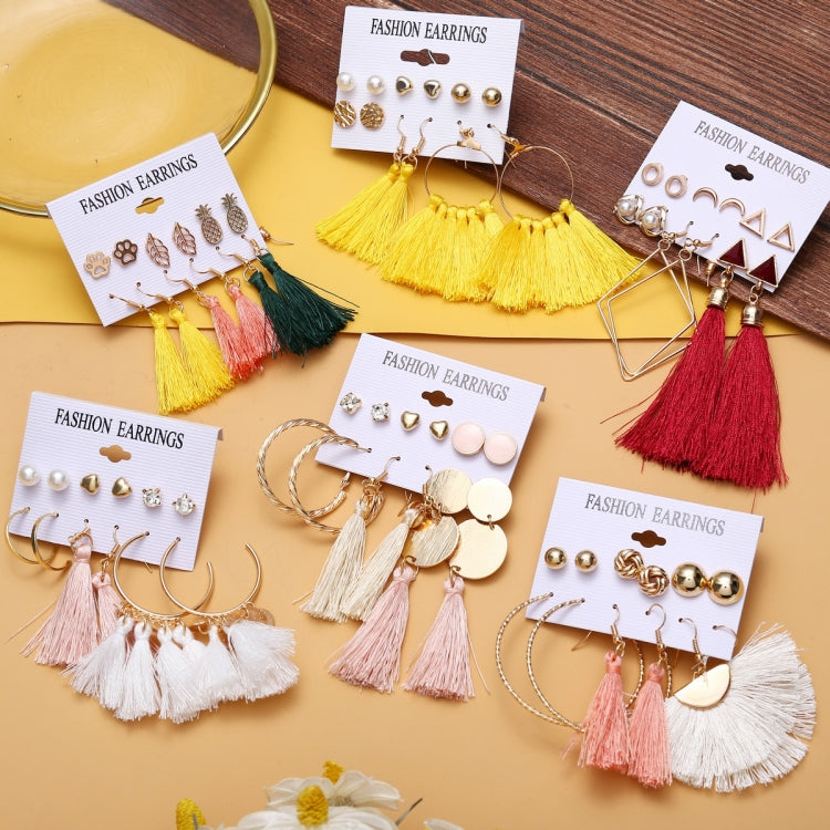 Women Long Tassel Stud Earrings Set Bohemian Flower Heart Earring