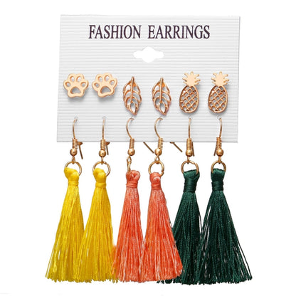 Women Long Tassel Stud Earrings Set Bohemian Flower Heart Earring