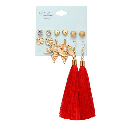 Women Long Tassel Stud Earrings Set Bohemian Flower Heart Earring