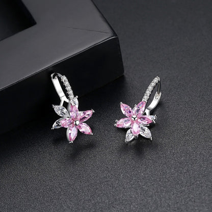 Cute Romantic Lovely Clear Stone Flower Shape Convenient Simple Stud Copper Cubic Zirconia Earrings, Blue, Green, Pink, Yellow