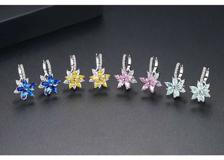 Cute Romantic Lovely Clear Stone Flower Shape Convenient Simple Stud Copper Cubic Zirconia Earrings, Blue, Green, Pink, Yellow