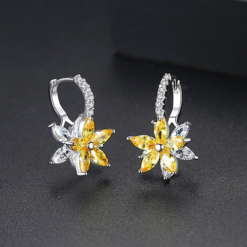 Cute Romantic Lovely Clear Stone Flower Shape Convenient Simple Stud Copper Cubic Zirconia Earrings, Blue, Green, Pink, Yellow