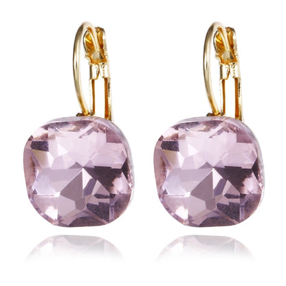 Women Fashion Color Square Stud Earrings Crystal Rhinestone Earring, White, Pink, Blue, Green, Purple, Champagne