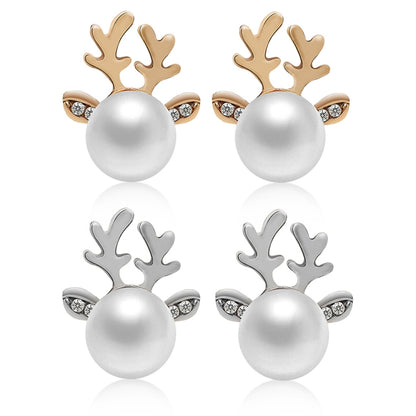 Micro-set Pearl Antler Earrings Deer Head  Earrings Elk Ear Studs