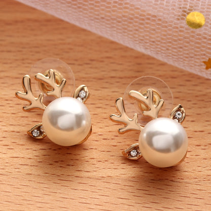 Micro-set Pearl Antler Earrings Deer Head  Earrings Elk Ear Studs