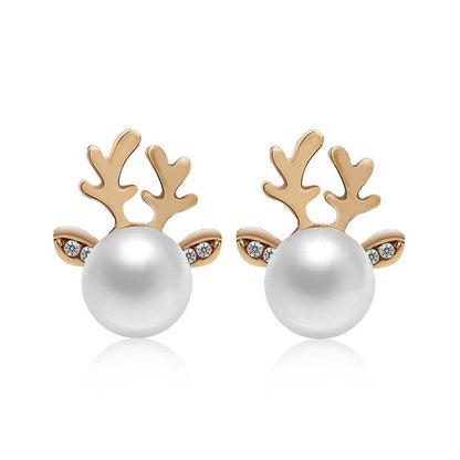 Micro-set Pearl Antler Earrings Deer Head  Earrings Elk Ear Studs