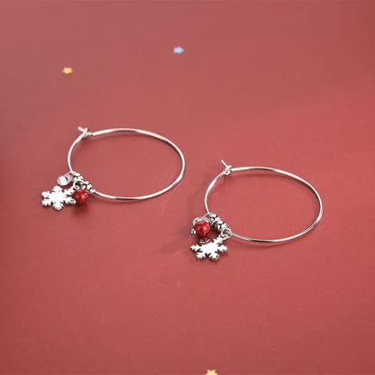 S925 Sterling Silver Sparkling Diamond Red Ball Snowflake Earrings Christmas Earrings