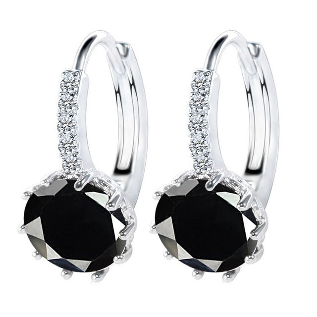 925 Sterling Silver Women Shiny Shape Micro-inserts Zircon Earrings, White, Black, Pink, Red, Water Blue