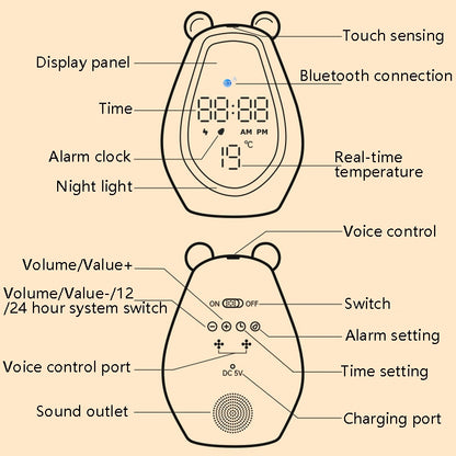 Bear Alarm Clock LED Digital Silent Bedside Lamp Bluetooth Speaker USB Charging Children Cartoon Night Light