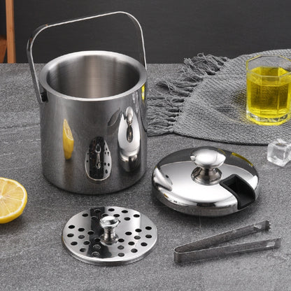 304 Stainless Steel Ice Bucket Double-Layer Hollow Bar Beer Wine Barrel With Ice Clip, Capacity: 1.3L