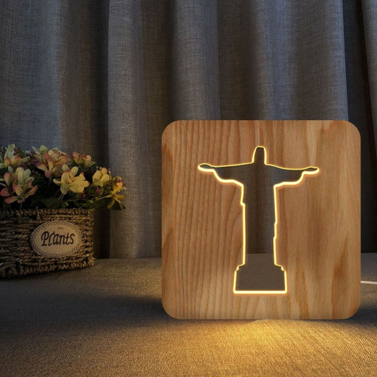 FS-T1971W 2.5W Jesus Pastor Table Lamp USB Solid Wood Hollow Night Light