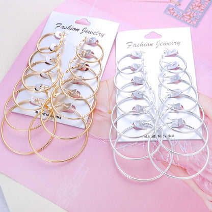 6 Pairs/Set Women Steampunk Fashion Circle Hoop Earrings, Glod, Silver