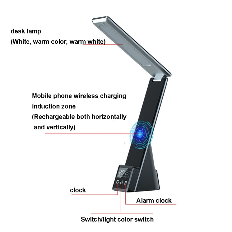 N61 3 in 1 Wireless Charger Folding Eye Protection Desk Lamp with Clock & Alarm Function