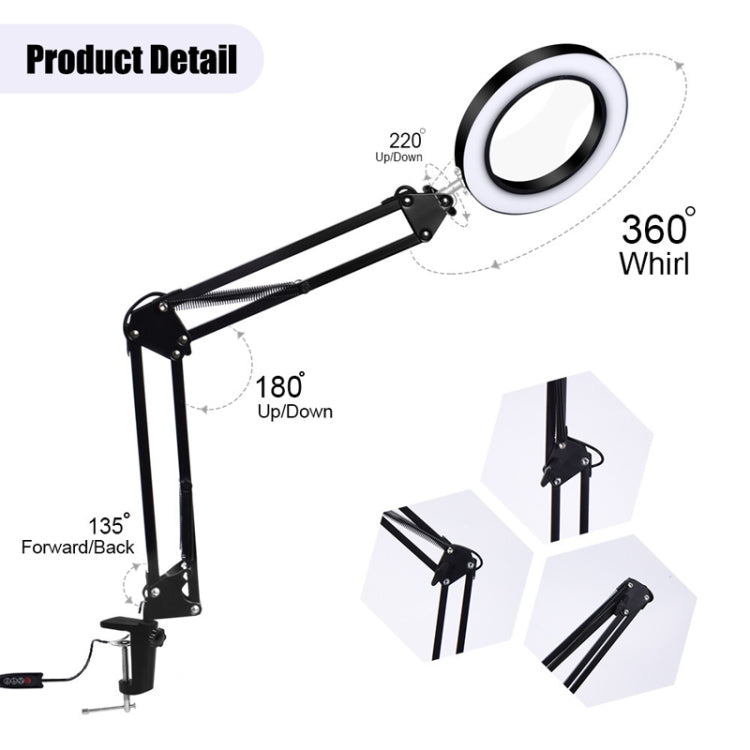 5X Magnifying Glass LED Folding Long Arm Clip Light Eye-protection USB Reading Lamp