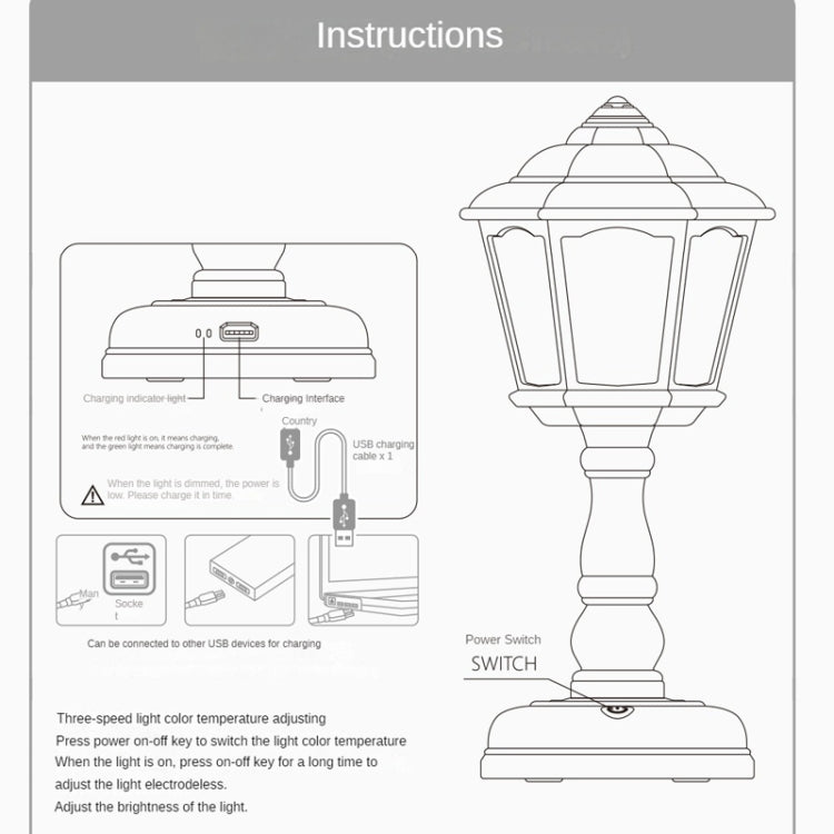 GIVELONG Retro Table Lamp USB Charging Small Night Light, Style: