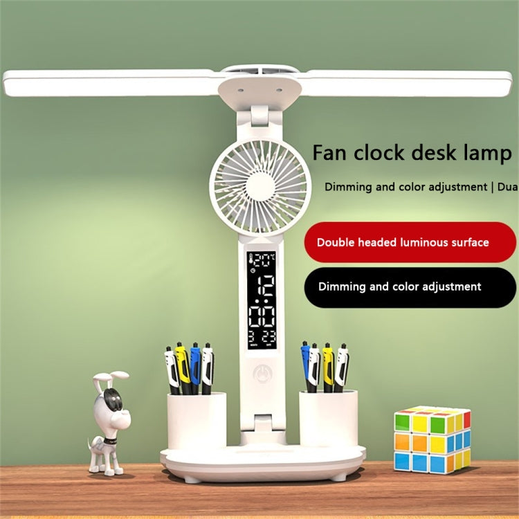 Double Head Lighting LED Fan Desk Lamp with Pen Holder & Clock