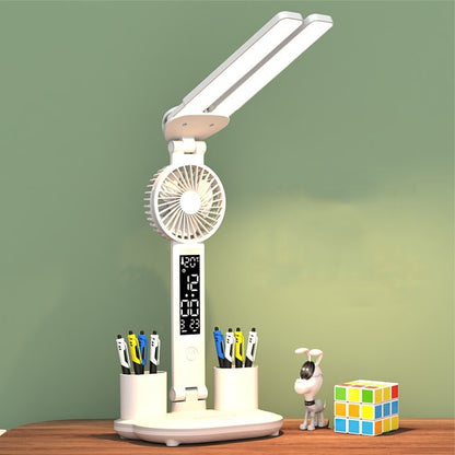 Double Head Lighting LED Fan Desk Lamp with Pen Holder & Clock