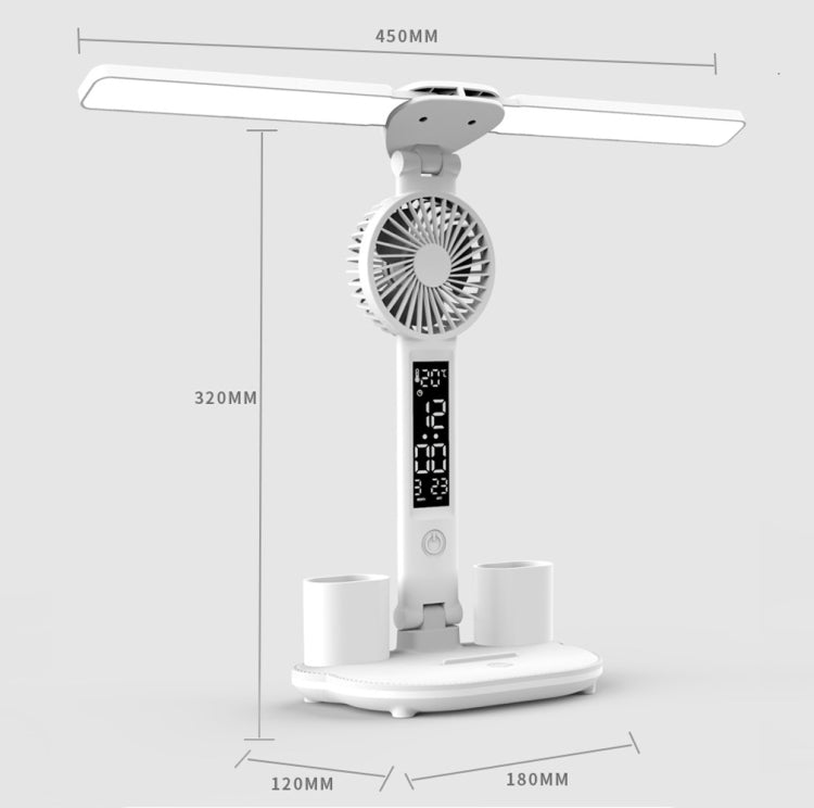 Double Head Lighting LED Fan Desk Lamp with Pen Holder & Clock