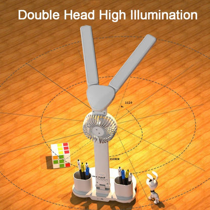 Double Head Lighting LED Fan Desk Lamp with Pen Holder & Clock