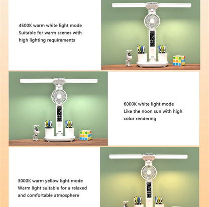 Double Head Lighting LED Fan Desk Lamp with Pen Holder & Clock